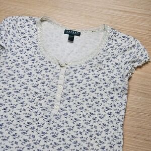 Lauren Ralph Lauren Nightgown Women M White Floral Lace Trim Henley Short Sleeve